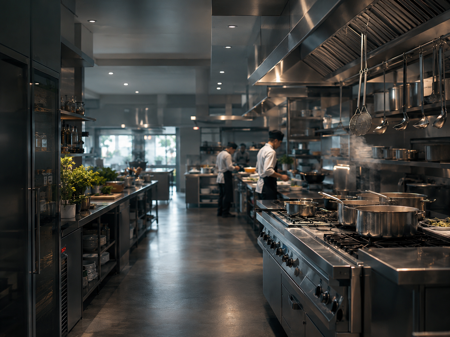 Dois cozinheiros de jaleco trabalham em uma cozinha industrial de aço inox, com panelas no fogo e utensílios pendurados na coifa.